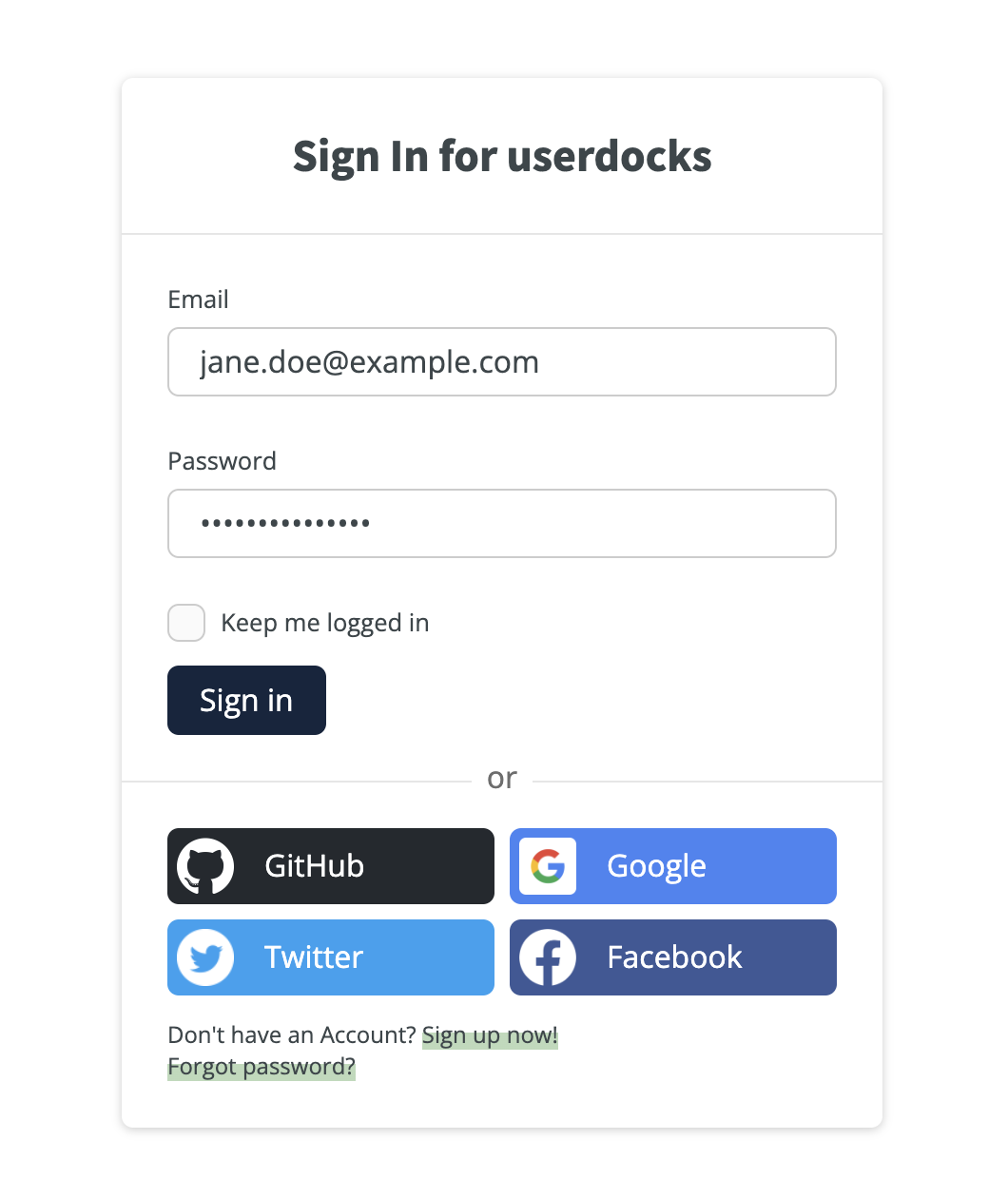 userdocks sign in form (partially filled)