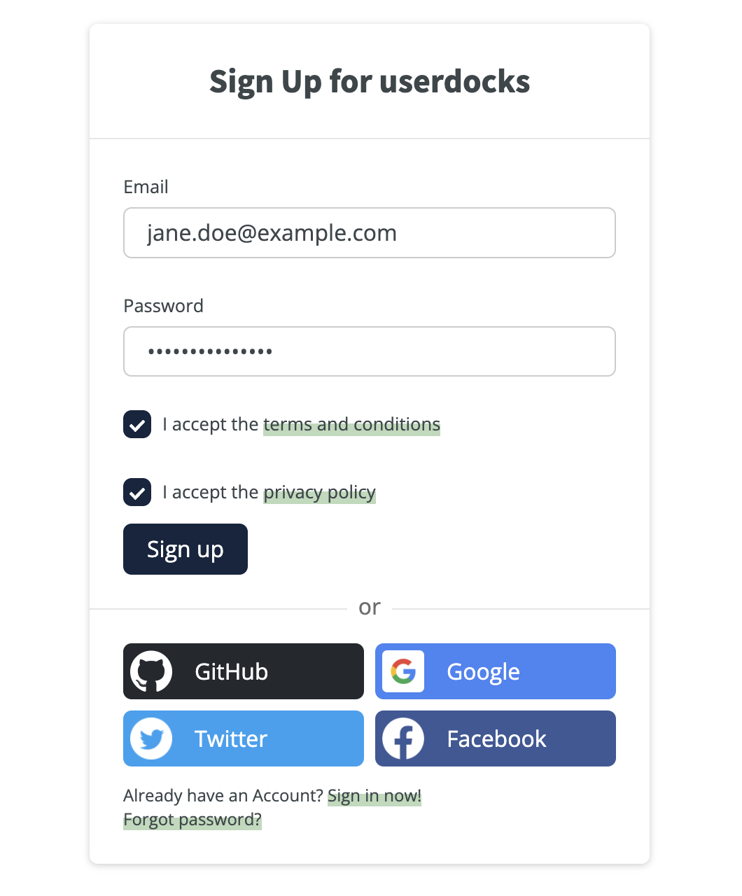 userdocks sign up form (filled)