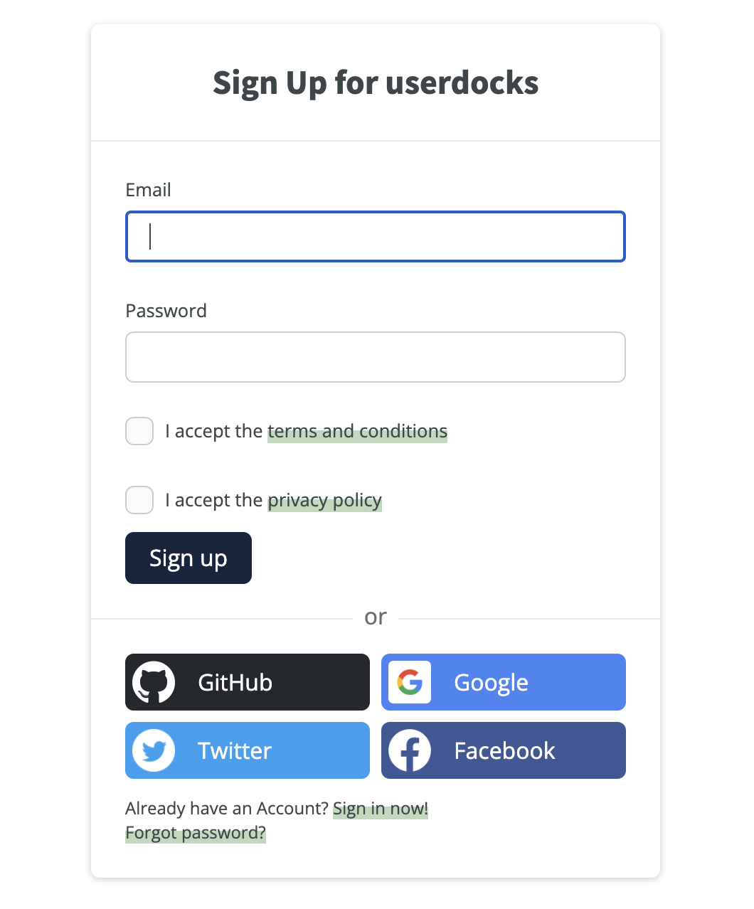 userdocks sign up form (not filled)